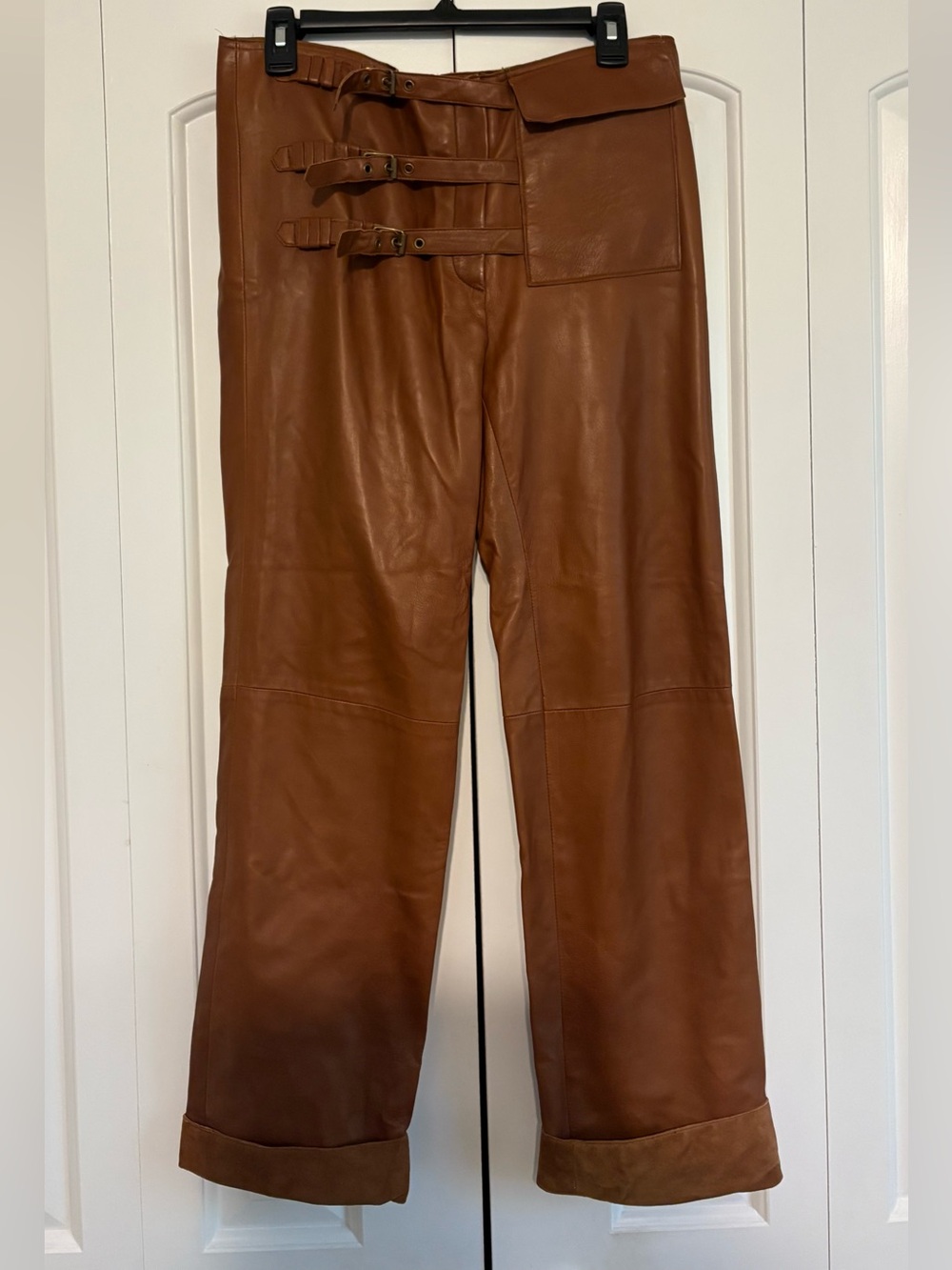 VINTAGE, JANINE GRAY, Caramel Brown Low Rise Leather Pants w/Suede Cuffs, EUC